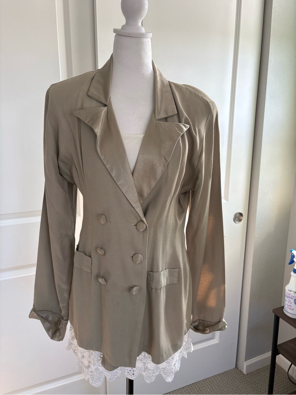 Women's Taupe Double-Breasted Blazer with Satin Lapels
